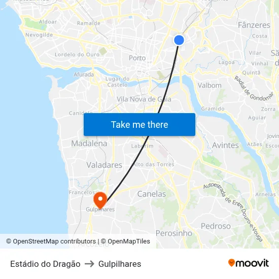Estádio do Dragão to Gulpilhares map