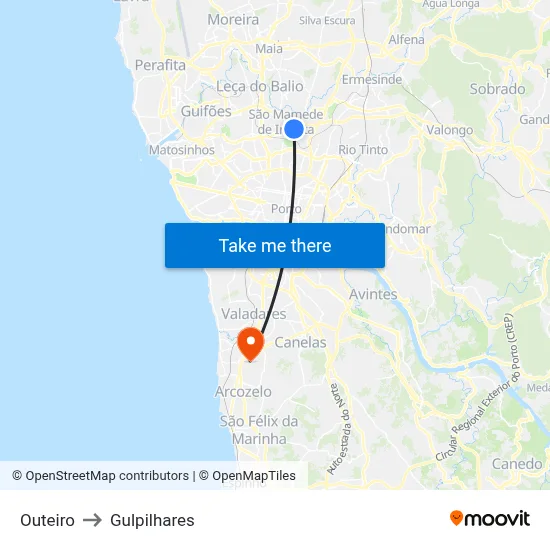 Outeiro to Gulpilhares map