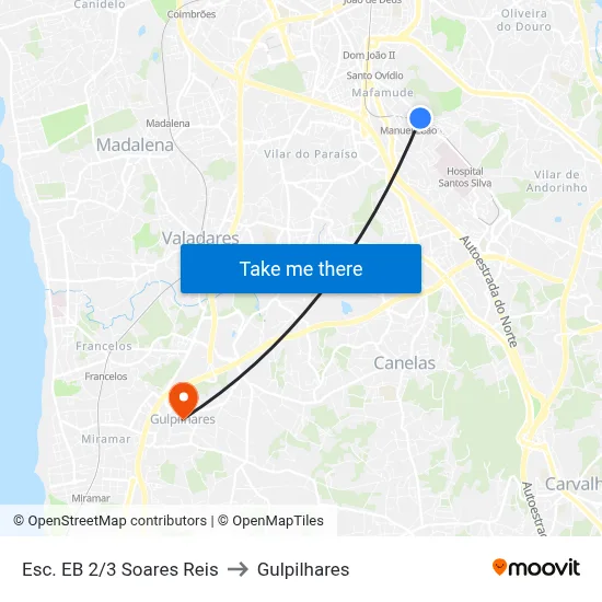 Esc. EB 2/3 Soares Reis to Gulpilhares map