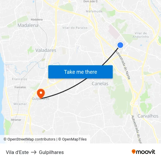 Vila d'Este to Gulpilhares map