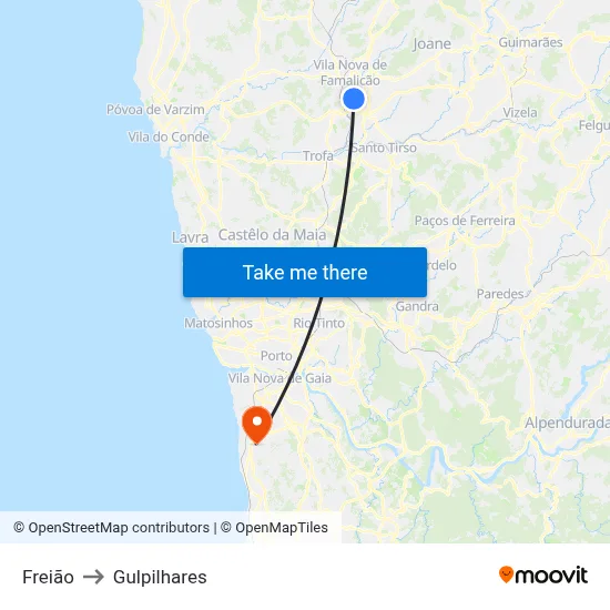 Freião to Gulpilhares map