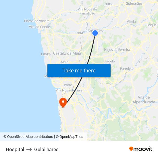Hospital to Gulpilhares map