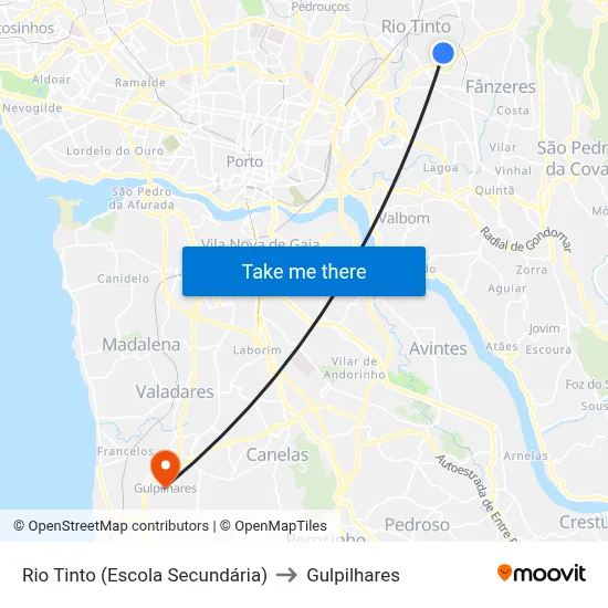 Rio Tinto (Escola Secundária) to Gulpilhares map