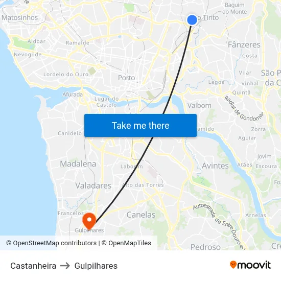 Castanheira to Gulpilhares map
