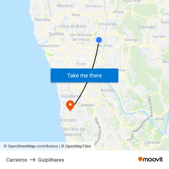 Carreiros to Gulpilhares map