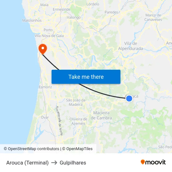 Arouca (Terminal) to Gulpilhares map