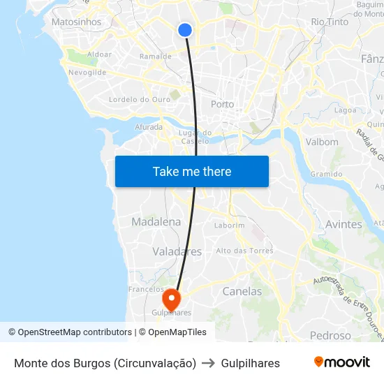 Monte dos Burgos (Circunvalação) to Gulpilhares map