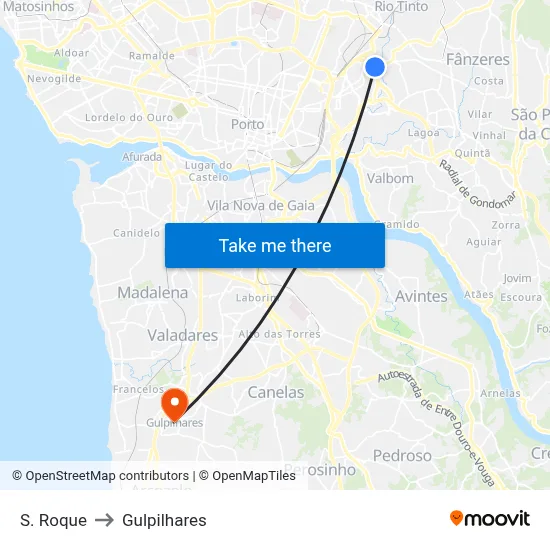 S. Roque to Gulpilhares map