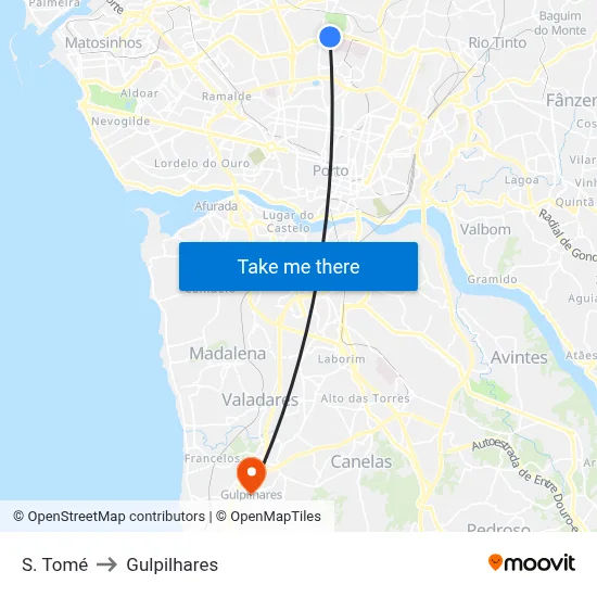 S. Tomé to Gulpilhares map