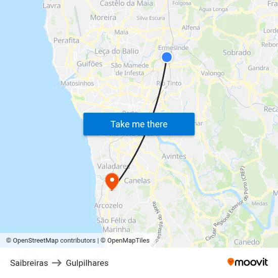 Saibreiras to Gulpilhares map