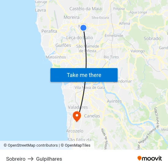 Sobreiro to Gulpilhares map