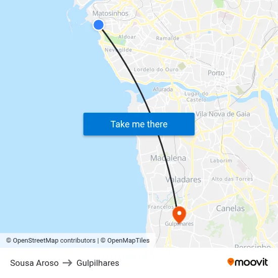 Sousa Aroso to Gulpilhares map