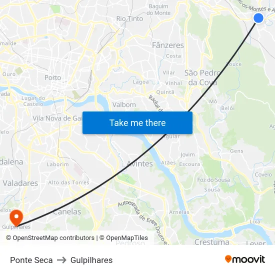 Ponte Seca to Gulpilhares map