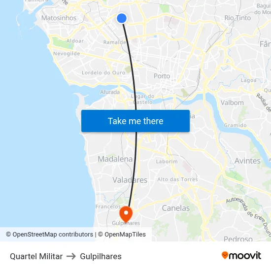 Quartel Militar to Gulpilhares map