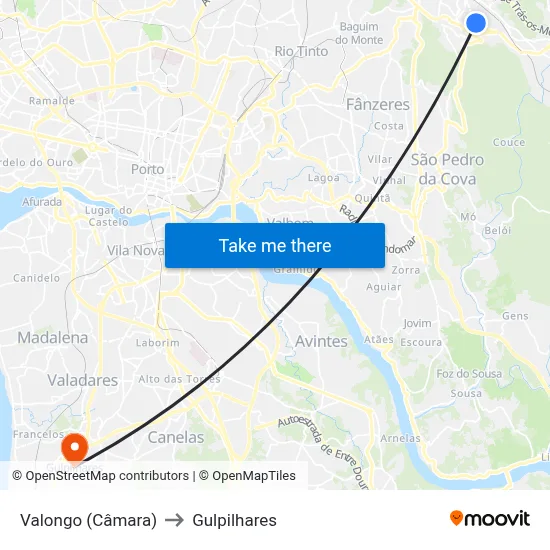 Valongo (Câmara) to Gulpilhares map