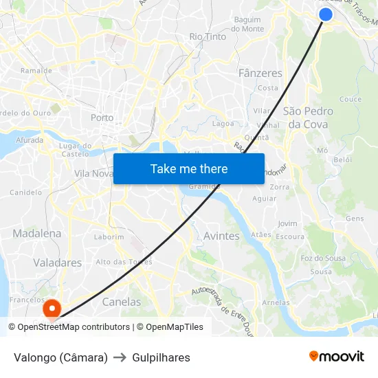 Valongo (Câmara) to Gulpilhares map