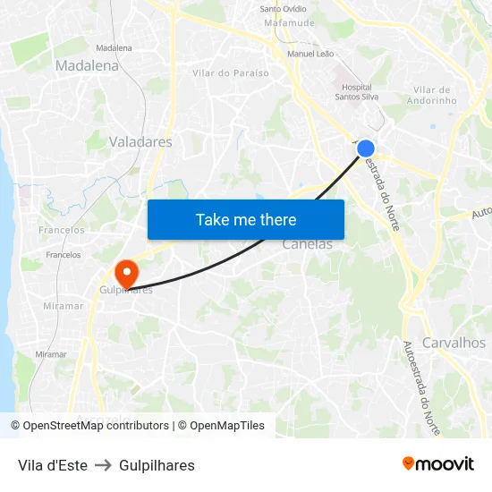 Vila d'Este to Gulpilhares map