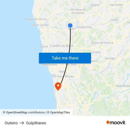 Outeiro to Gulpilhares map