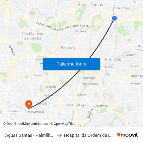 Águas Santas - Palmilheira to Hospital da Ordem da Lapa map