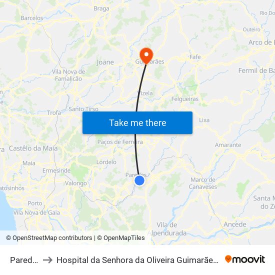 Paredes to Hospital da Senhora da Oliveira Guimarães, Epe map