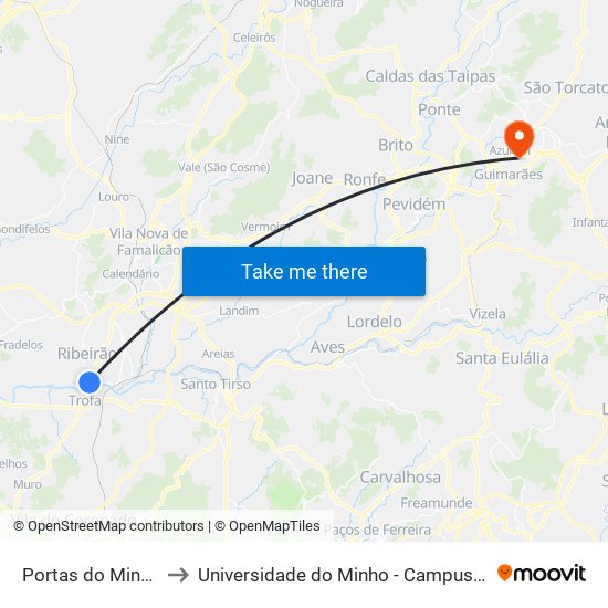 Ribeirão | Portas do Minho to Universidade do Minho - Campus de Azurém / Guimarães map