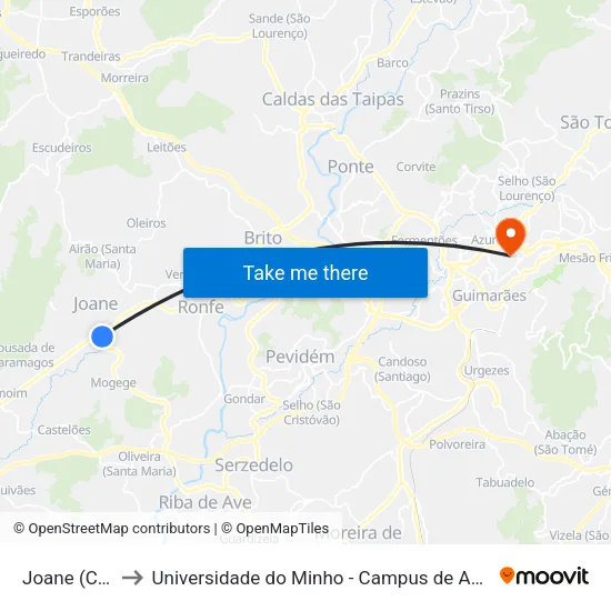 Joane (Centro) to Universidade do Minho - Campus de Azurém / Guimarães map