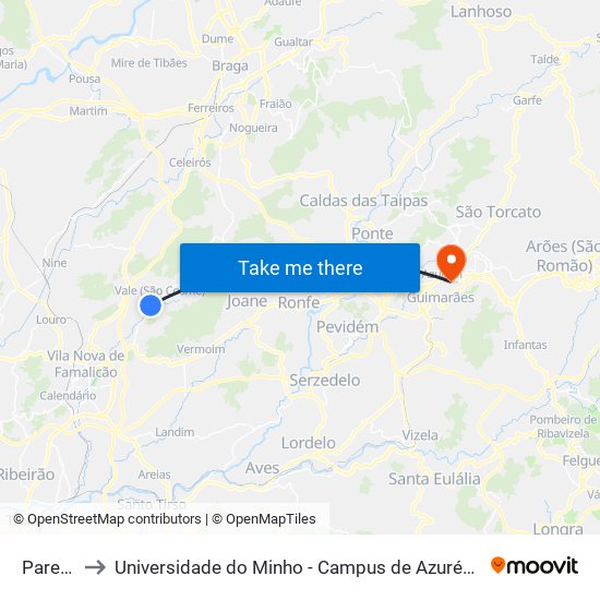 Paredes to Universidade do Minho - Campus de Azurém / Guimarães map