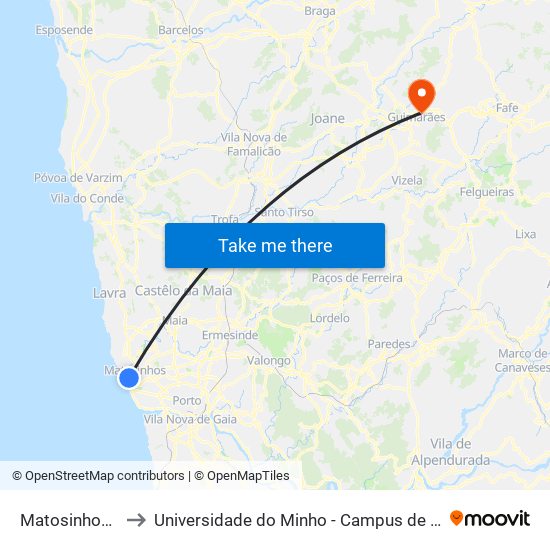Matosinhos (Praia) to Universidade do Minho - Campus de Azurém / Guimarães map