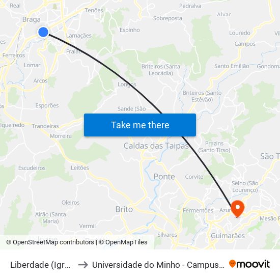 Liberdade (Igreja S Lázaro) to Universidade do Minho - Campus de Azurém / Guimarães map
