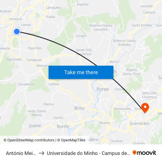 António Meira Braga to Universidade do Minho - Campus de Azurém / Guimarães map