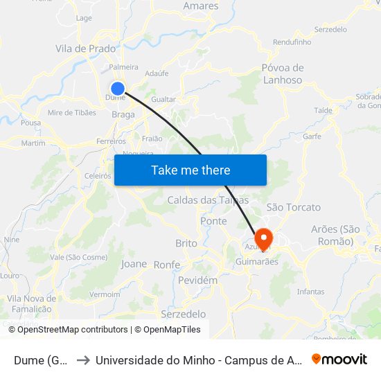 Dume (Gontijo) to Universidade do Minho - Campus de Azurém / Guimarães map