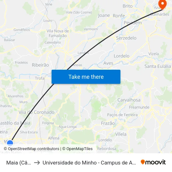 Maia (Câmara) to Universidade do Minho - Campus de Azurém / Guimarães map