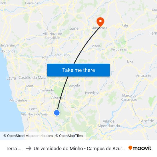 Terra Nova to Universidade do Minho - Campus de Azurém / Guimarães map