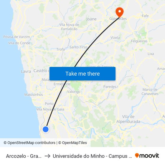 Arcozelo - Grades Verdes to Universidade do Minho - Campus de Azurém / Guimarães map