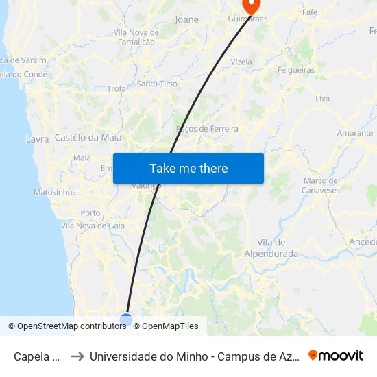 Capela Almas to Universidade do Minho - Campus de Azurém / Guimarães map