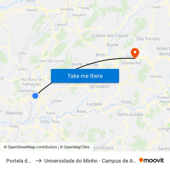 Portela de Baixo to Universidade do Minho - Campus de Azurém / Guimarães map