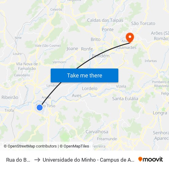 Rua do Barreiro to Universidade do Minho - Campus de Azurém / Guimarães map