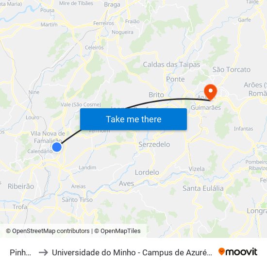 Pinheiral to Universidade do Minho - Campus de Azurém / Guimarães map