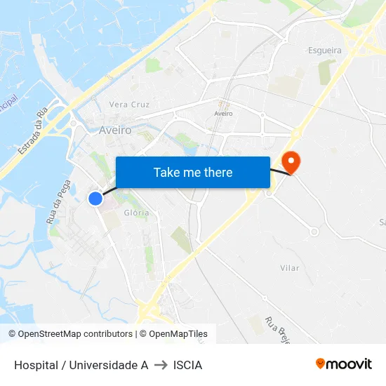 Hospital / Universidade A to ISCIA map