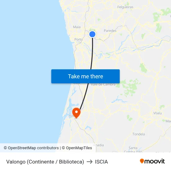 Valongo (Continente / Biblioteca) to ISCIA map