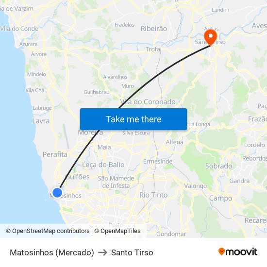 Matosinhos (Mercado) to Santo Tirso map