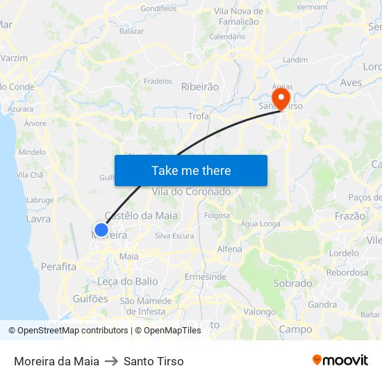 Moreira da Maia to Santo Tirso map