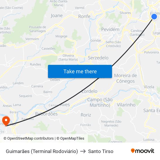 Guimarães (Terminal Rodoviário) to Santo Tirso map