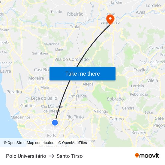 Polo Universitário to Santo Tirso map