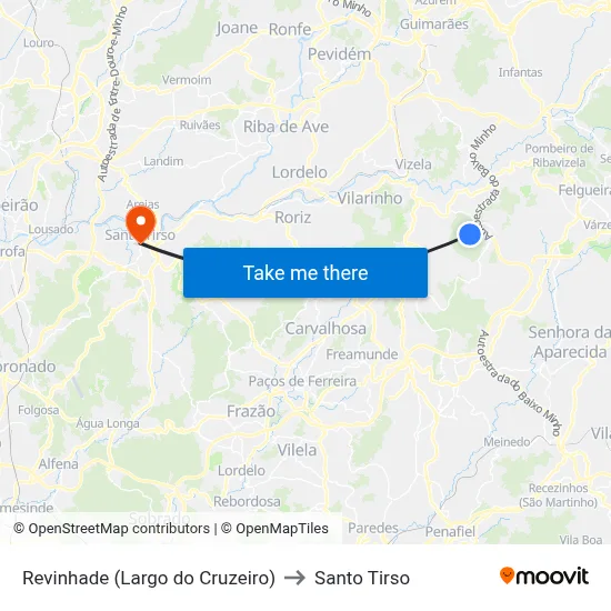 Revinhade (Largo do Cruzeiro) to Santo Tirso map