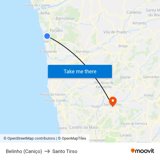 Belinho (Caniço) to Santo Tirso map