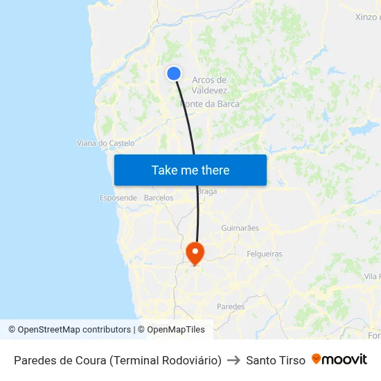 Paredes de Coura (Terminal Rodoviário) to Santo Tirso map