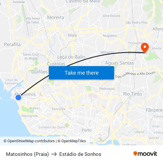 Matosinhos (Praia) to Estádio de Sonhos map