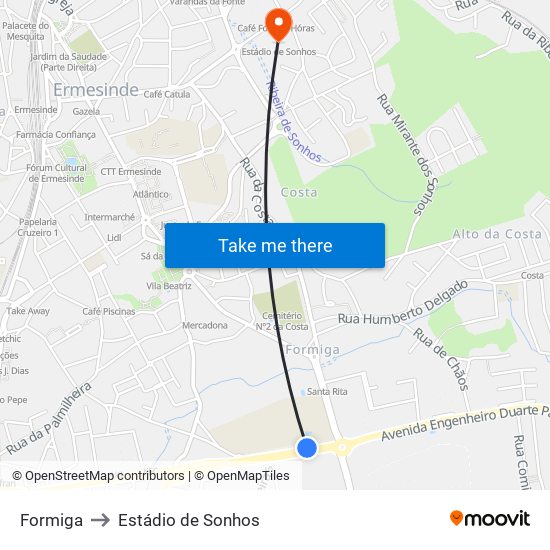 Formiga to Estádio de Sonhos map