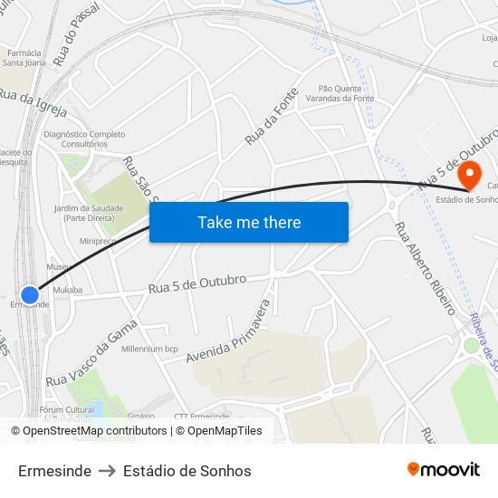 Ermesinde to Estádio de Sonhos map